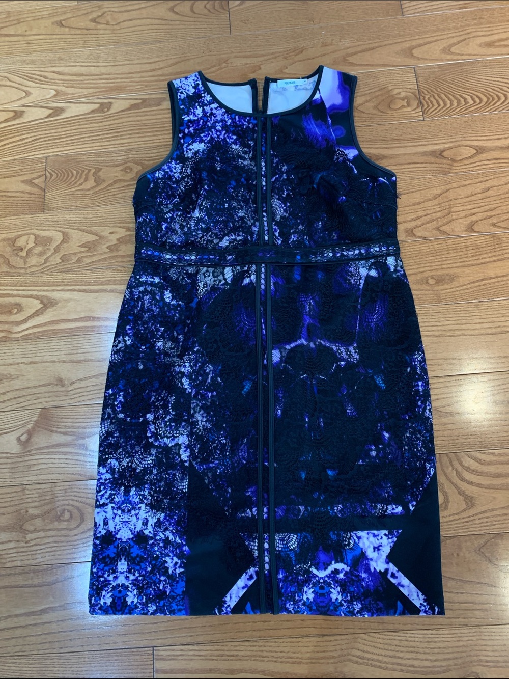 Ricki’s size 16 Sleeveless purple & Black Printed Lace Sheath Dress